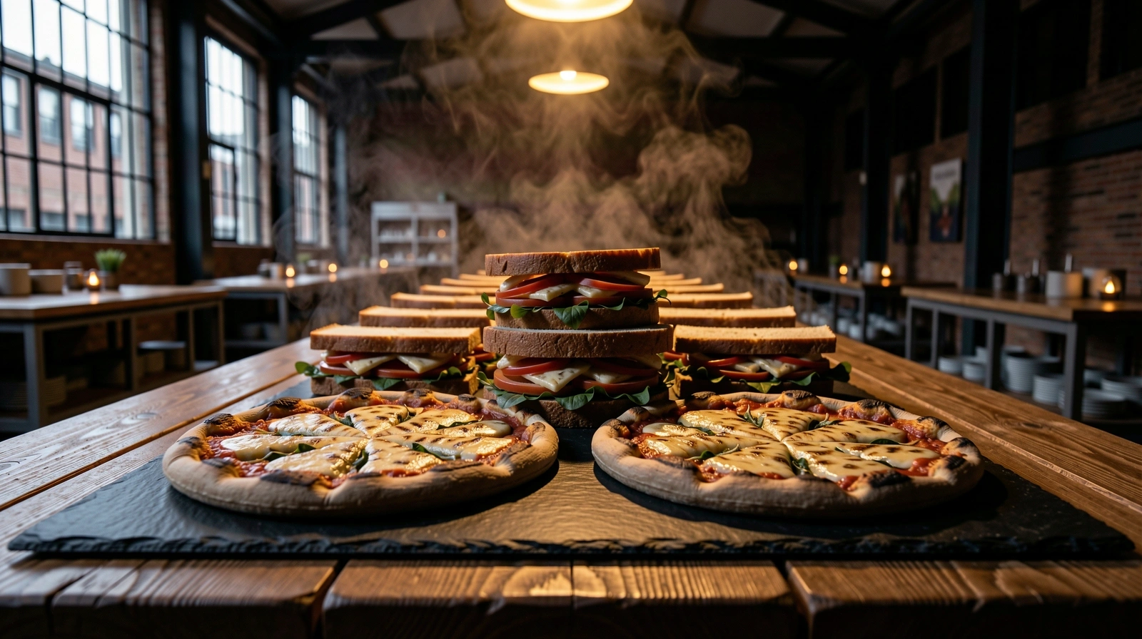 Professional catering spread for Hub Sandwiches & Pizza