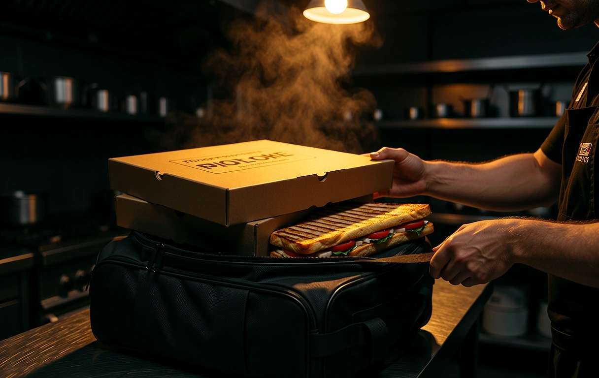 Freshly prepared hot food ready for delivery