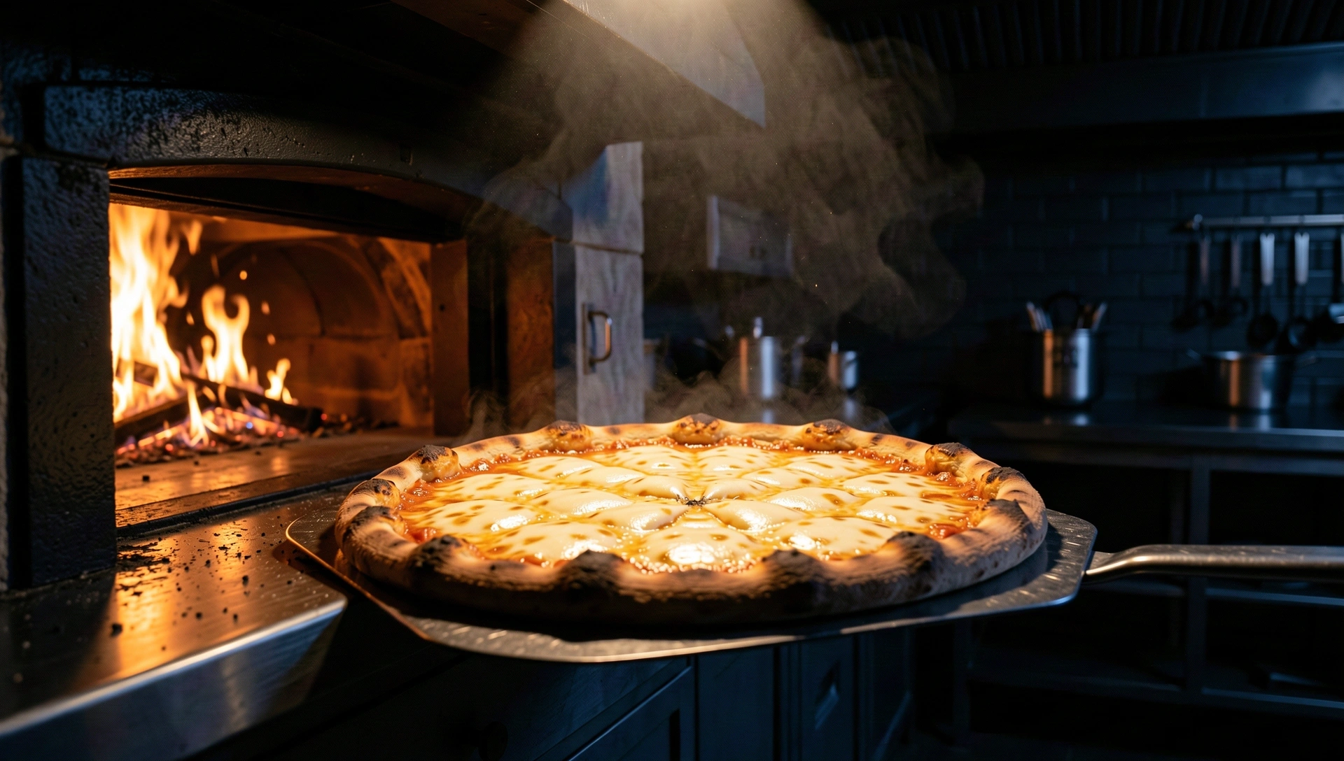 Artisanal pizza coming out of a stone oven