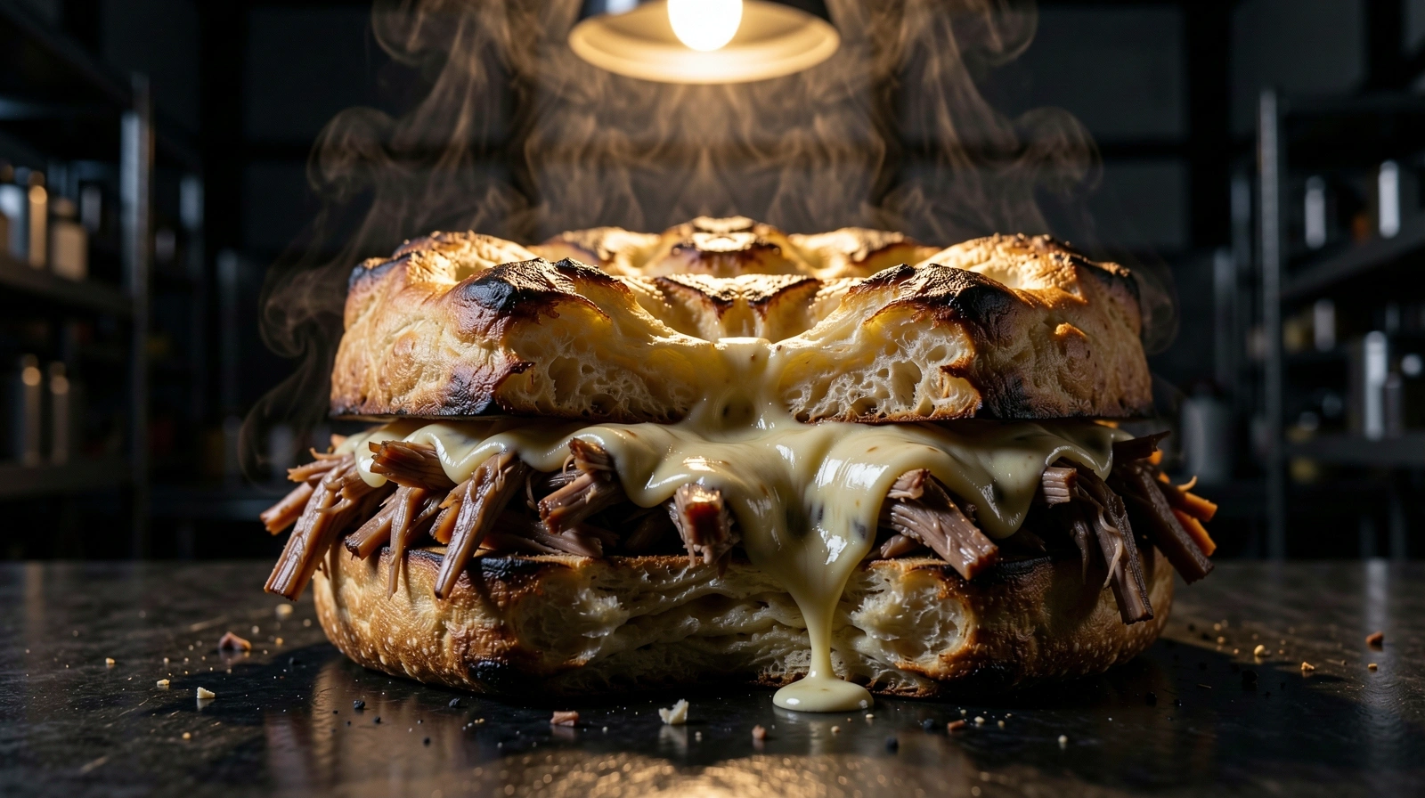 Artisanal hot sandwich with steam